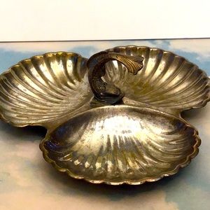 Vintage silver colored metal, three part seashell serving dish with fish motif